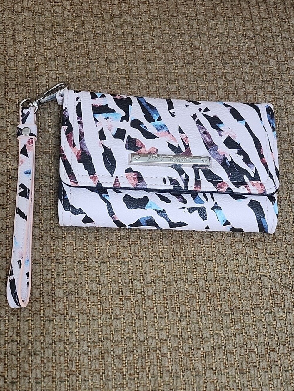 Betsey Johnson Tri-fold Pink, Black Blue White Abstract Wristlet Wallet